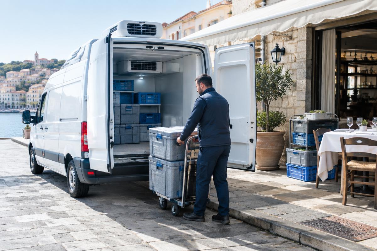 Refrigerated food delivery arriving at a Mediterranean restaurant