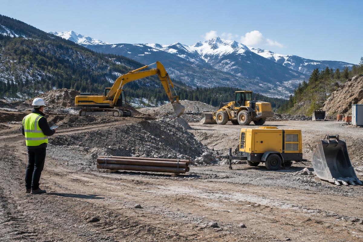 Construction machinery and equipment operating across a mountain site