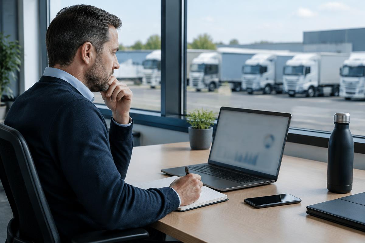 Fleet manager reviewing operating costs beside a vehicle depot