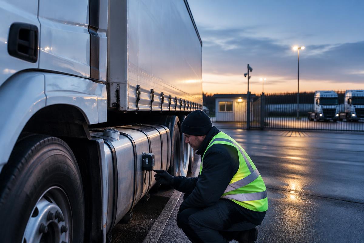 Technician inspecting a truck fuel tank in a secure depot