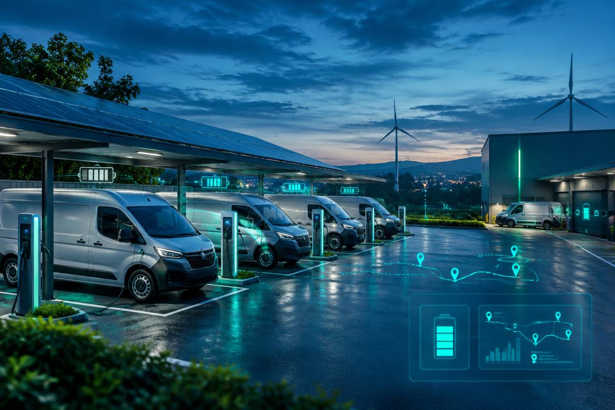 Electric commercial vehicles connected at a monitored charging depot