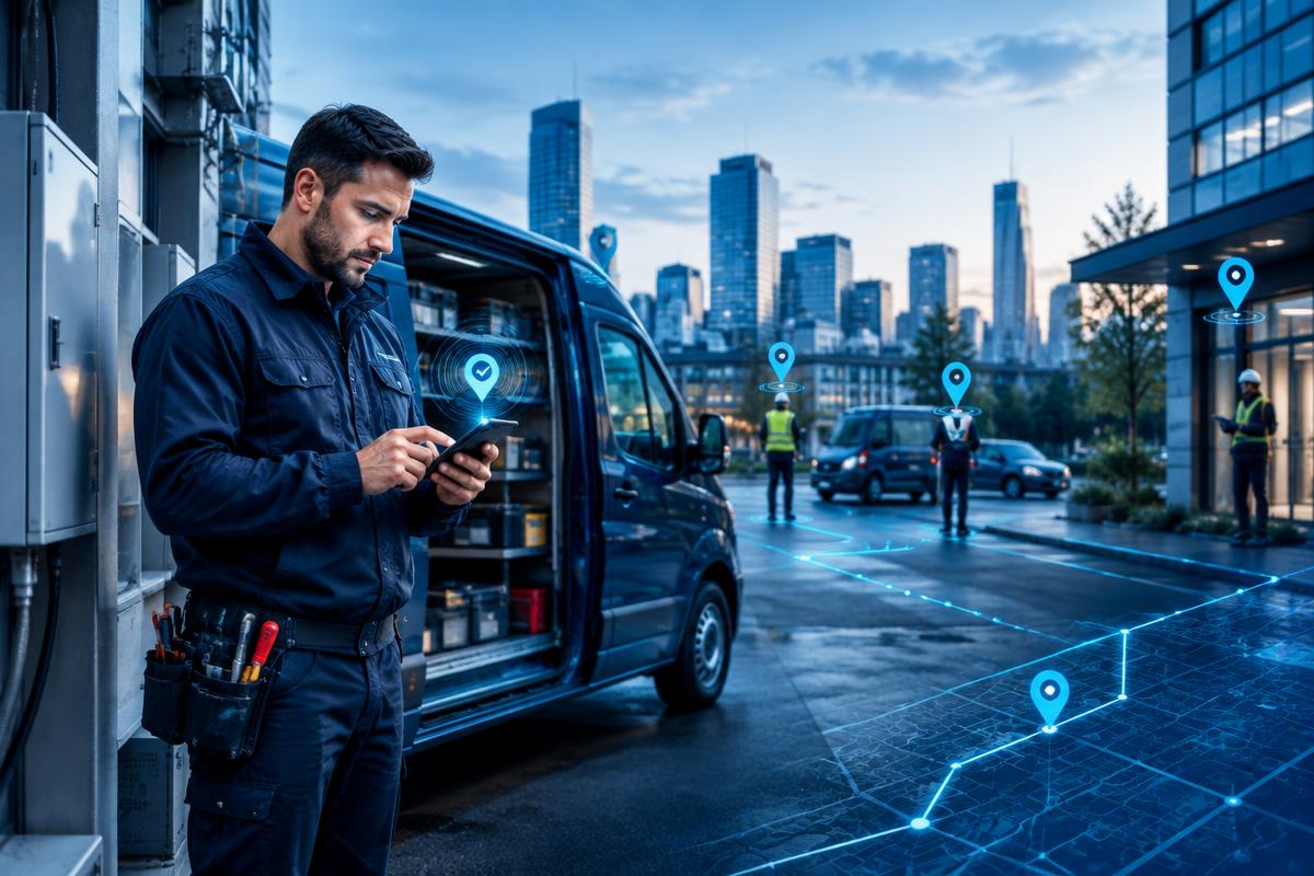 A mobile field technician receiving tasks through GPS.al