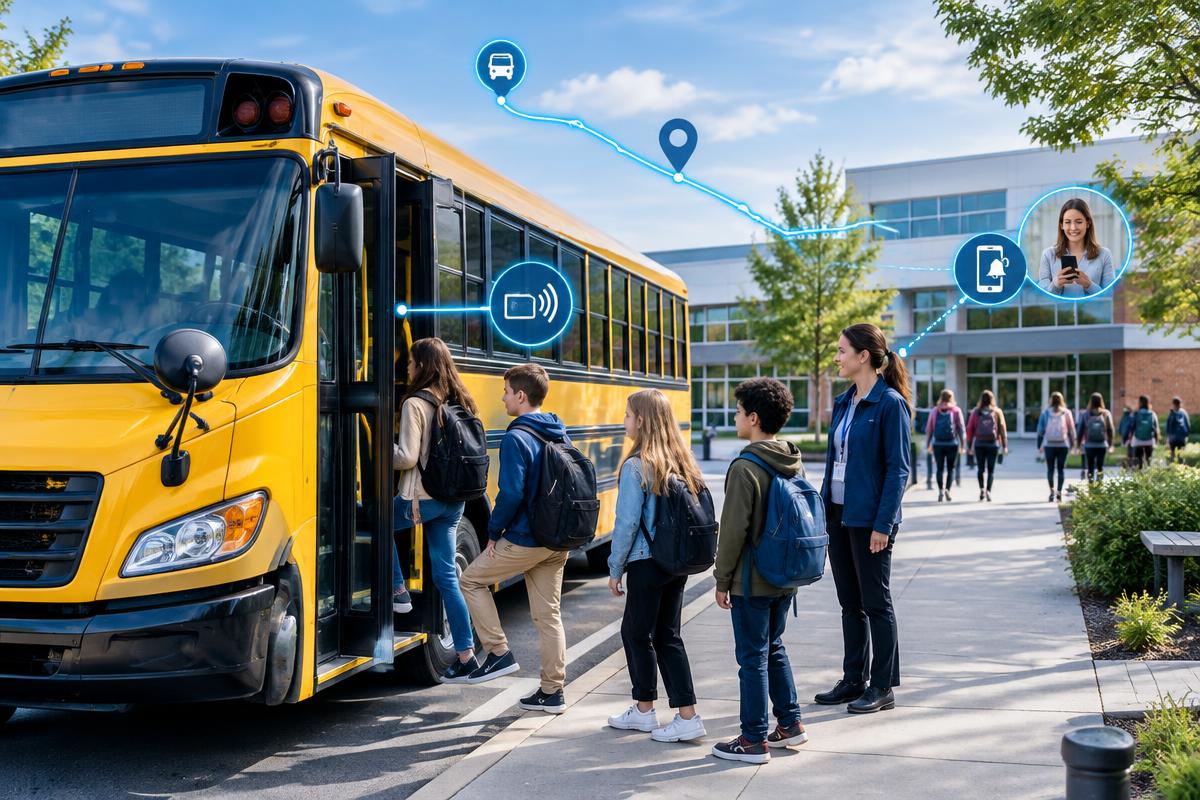 Students safely boarding a connected school bus