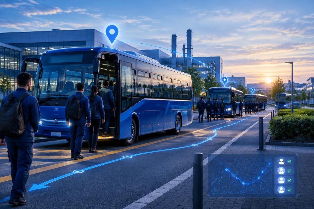 Employees boarding connected corporate shuttle buses