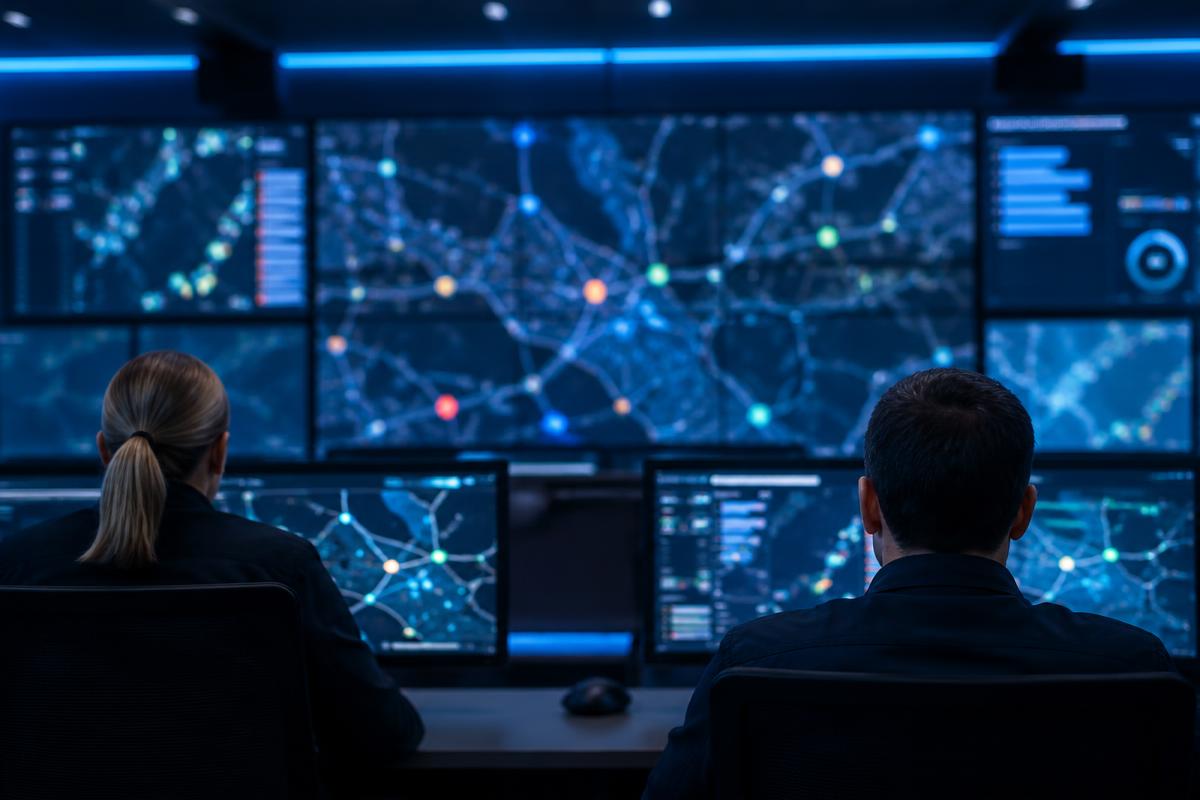 Fleet control team monitoring vehicle activity in an operations centre