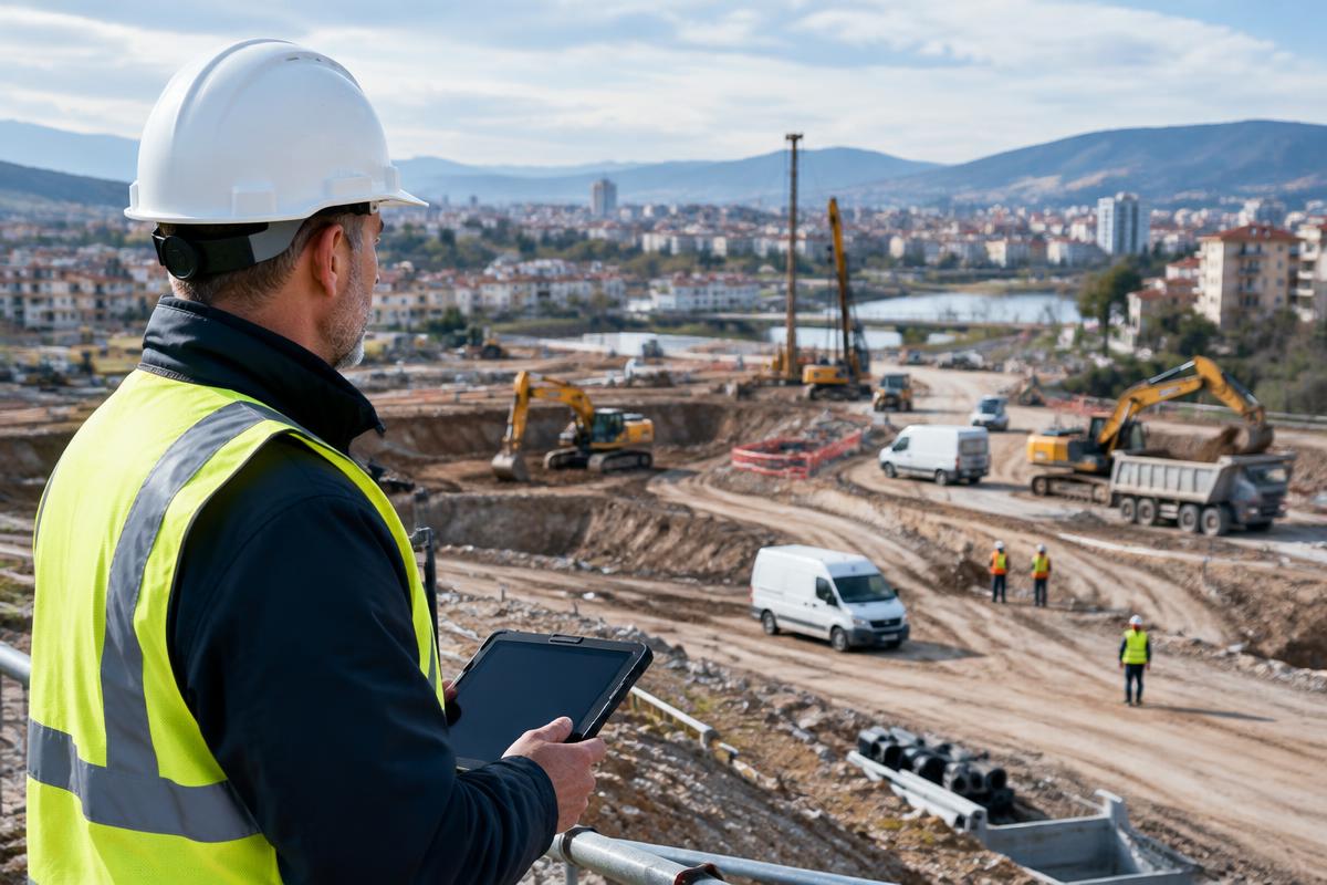 Site manager coordinating vehicles and equipment across a construction project