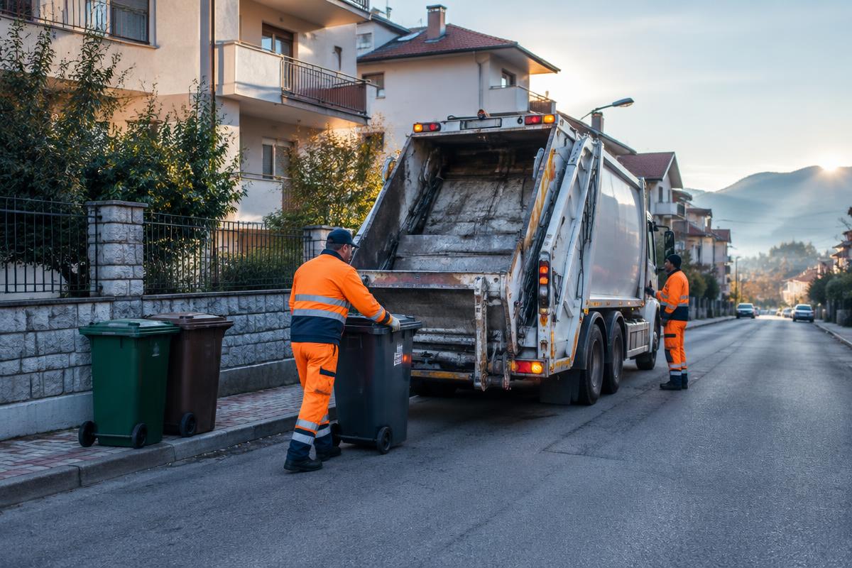 Municipal waste collection crew working on a residential street