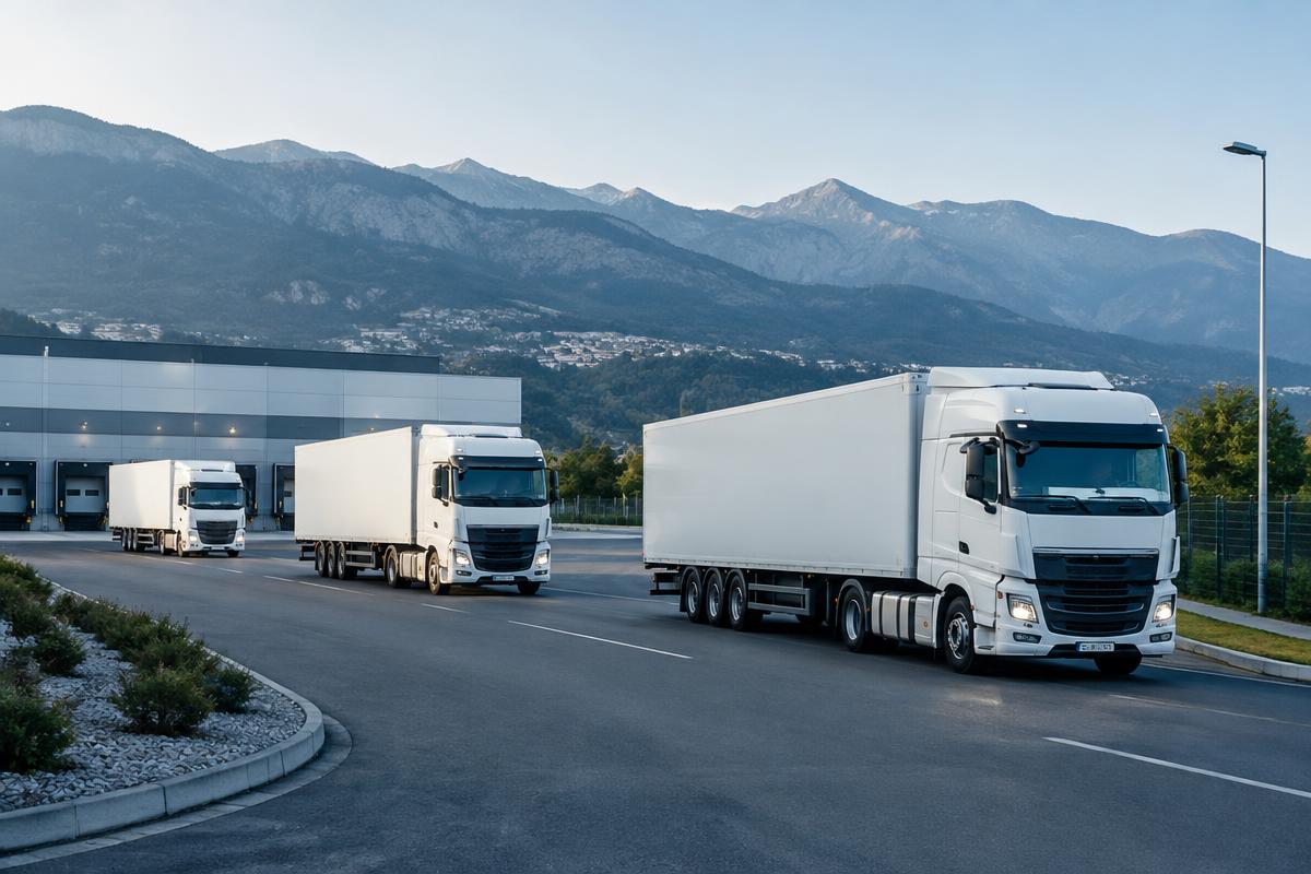 Regional distribution trucks leaving a logistics depot near the mountains