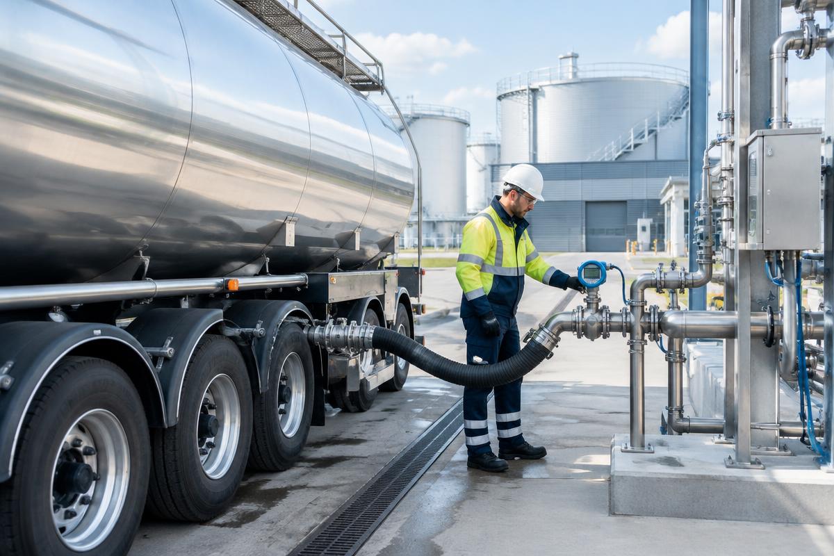 Tanker operator checking a flow meter during a controlled delivery