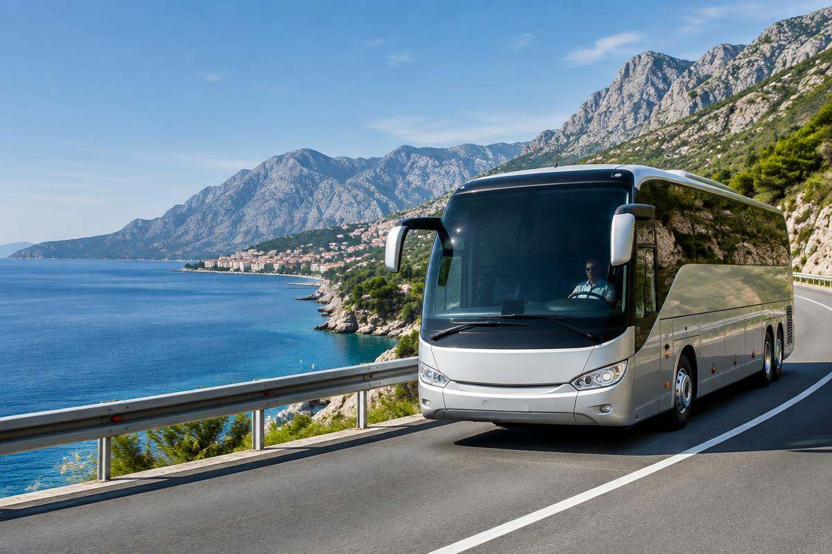 Modern tourist coach travelling on an Adriatic coastal road